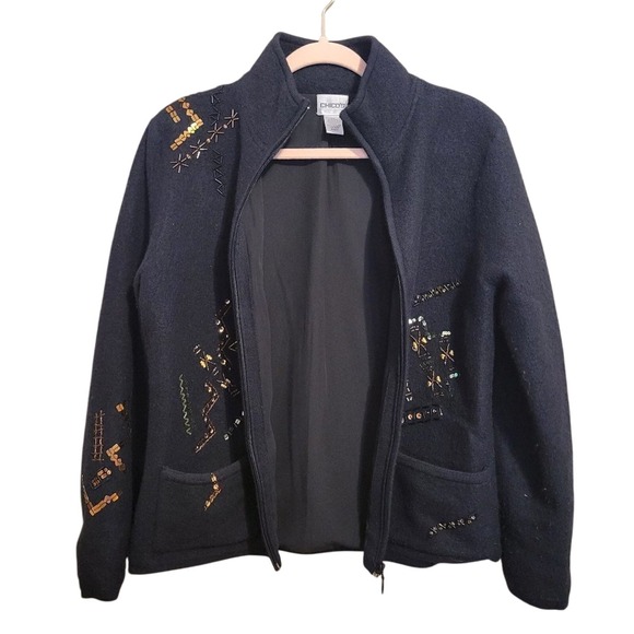 Chico's Black 100% Boiled Wool Beaded Sequin Zip Up Jacket Size 0 Small - Picture 2 of 7